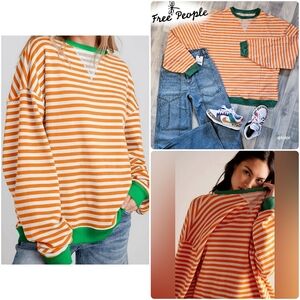 NWOT Free People Classic Striped Oversized Crewneck Sweatshirt Orange Green